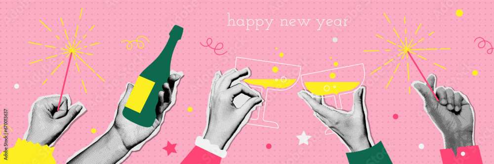 Happy new year retro banner. Halftone Hands holding champagne bottle, glasses and sparkler. Trendy collage mixed media art. Groove vintage Design for poster or greeting card . 90s Vector illustration. - obrazy, fototapety, plakaty 