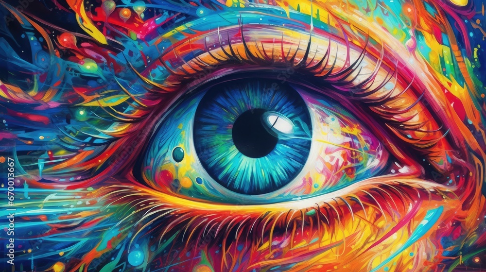 Colorful eye, Conceptual abstract picture of the eye. Oil painting in colorful colors. Conceptual abstract closeup