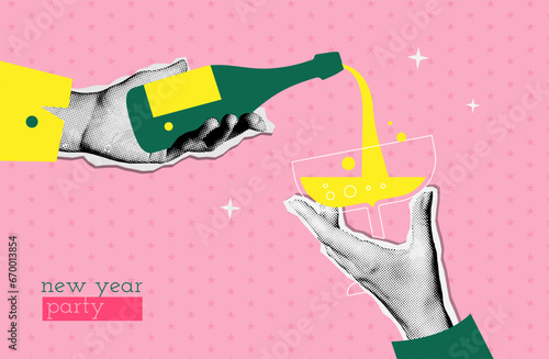 Vintage New year party poster template. Hands holding champagne glass and bottle. Pouring champagne from a bottle into a glass. Halftone Collage style. Vector illustration for banner or greeting card