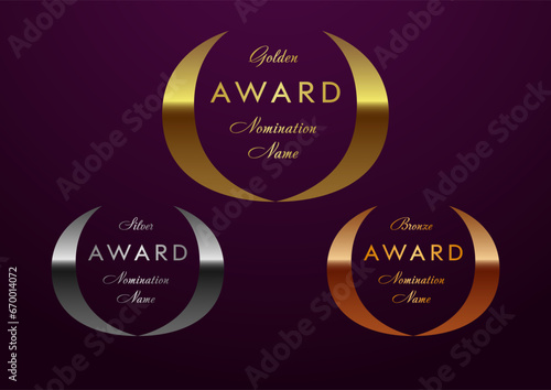 Set of modern awards. Golden, silver and bronze design. Metallic colors. Creative collection. Isolated elements. Trendy gradient. Elegant minimalist style. Vector illustration.