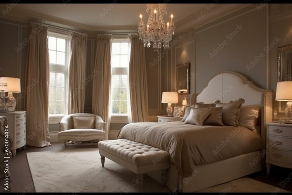 Elegant bedroom with a white color scheme and opulent furnishings. Generative AI