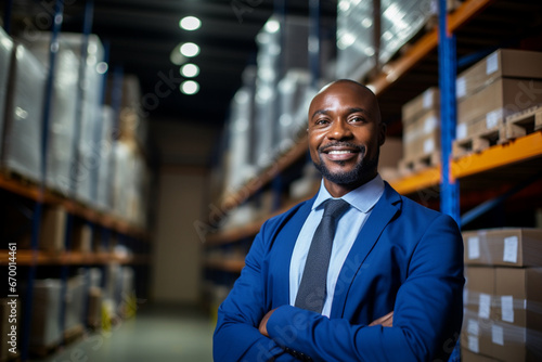 Portrait of Smiling supervisor looking at stock arranged on shelves in warehouse