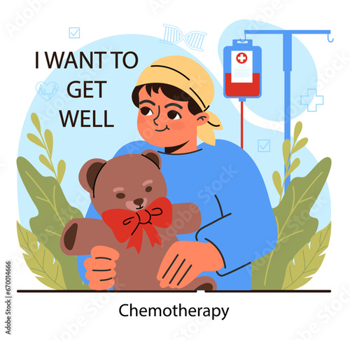 Child cancer. Little kid getting oncological illness medical treatment. Pediatric diagnosis, chemotherapy and remission. Financial and emotional support. Flat vector illustration