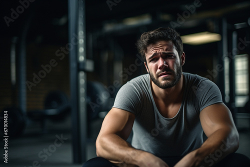Portrait of Strong sporty man sitting on gym bench suffering breakdown to overcome