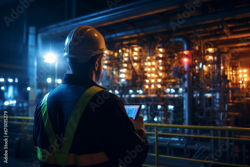 Electrical Engineer Working at Power Plant at Night