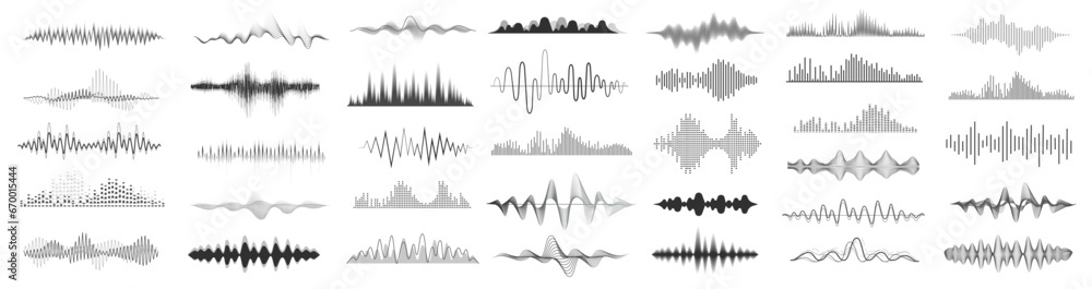 Set of waving, sound, vibration and pulsing lines. Graphic design elements for music app.Vector illustration. - obrazy, fototapety, plakaty 