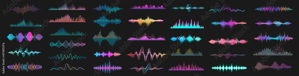 Set of waving, sound, vibration and pulsing lines. Graphic design elements for music app.Vector illustration. - obrazy, fototapety, plakaty 