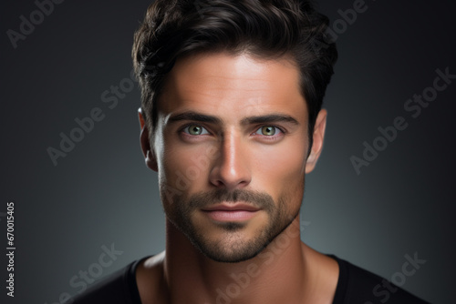 Face, beauty and eye of a man with clean, glow and healthy skin on a grey studio background for dermatology skincare, Portrait of a male with facial cosmetics for self care with marketing free space