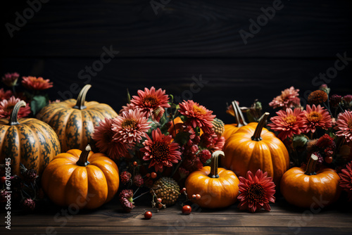 Autumn Thanksgiving colorful setting background with pumpkins.