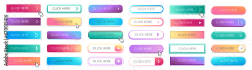 Click here button. Web pointer clicking buttons. Click elements, download, subscribe and follow icons set
