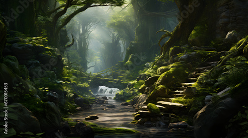 Dive deep into an enchanted forest wilderness  capturing the intricate details of towering trees  moss-covered rocks  and the soft dappled light that make for a highly detailed and epic natural scene.