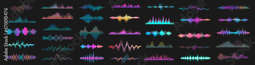 Set of waving, sound, vibration and pulsing lines. Graphic design elements for music app.Vector illustration.