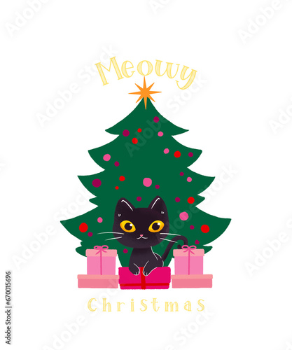  Illustration of a black cat on a Christmas tree