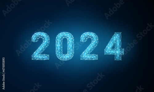 Abstract Happy 2024 New Year greeting card. Low poly style design. Abstract geometric background.