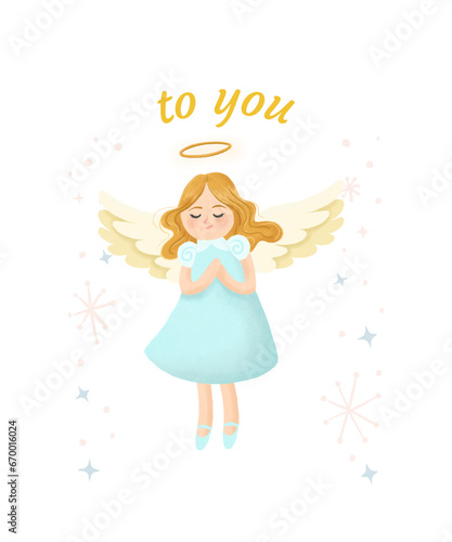 Christmas illustration of a little angel girl flying in the sky