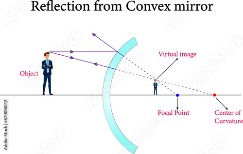 The reflection from convex mirror , Reflection and spherical mirrors , optics.Vector illustration.