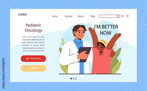 Child cancer web banner or landing page. Little kid getting oncological illness medical treatment. Pediatric diagnosis, chemotherapy and remission. Flat vector illustration