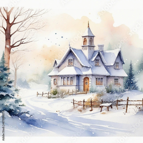 Watercolor Winter Season And Watercolor Winter House Background