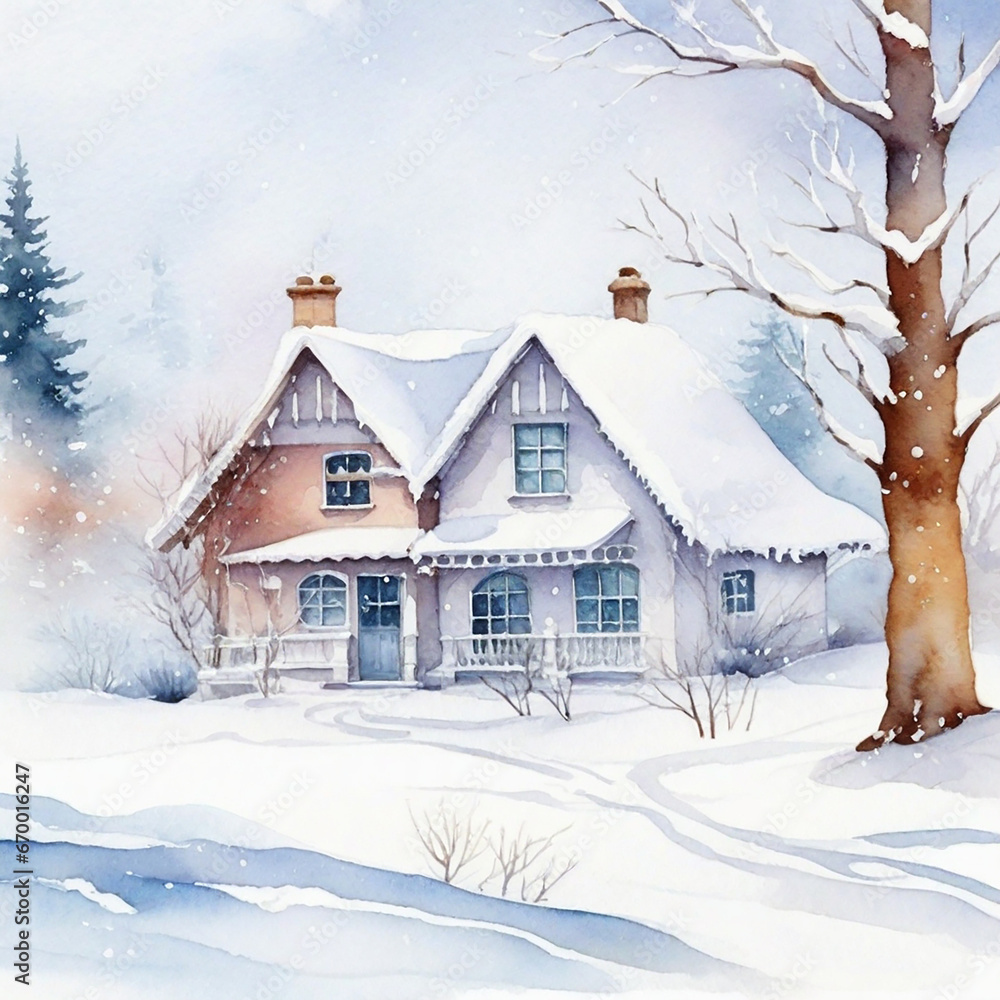 Fototapeta premium Watercolor Winter Season And Watercolor Winter House Background
