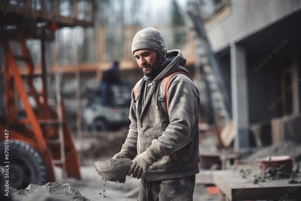 Full length shot of male worker working at construction site, Young foreman is spreading dry cement, He is standing while working at site Full length shot of male worker working at construction site, Young foreman is spreading dry cement, He is standing while working at site
