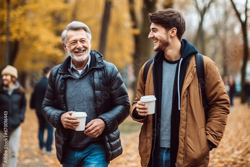 Friends, a senior and a young man walking and talking and drinking coffee together in the autumn park