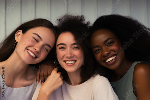 Group of happy women with different skin tones smiling and embracing each other in a studio