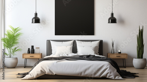 Mokeup di un quadro in una bellissima camera da letto con toni grigio scuri e atmosfera elegante e minimalista photo