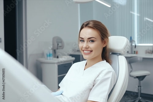Group portrait of two people, woman dentist making treatment in modern clinic for man, Medical concept photography indoors for dentistry, Dental office, doctor working in clinic with patient