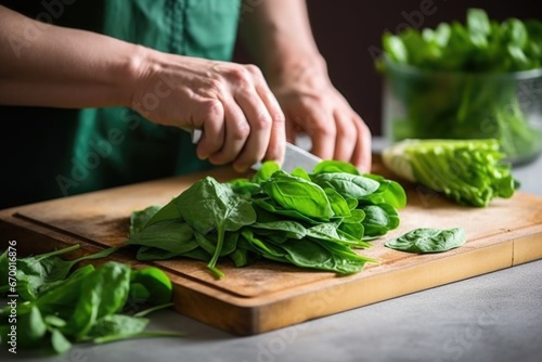 hand chopping fresh spinach on a wooden chopping board