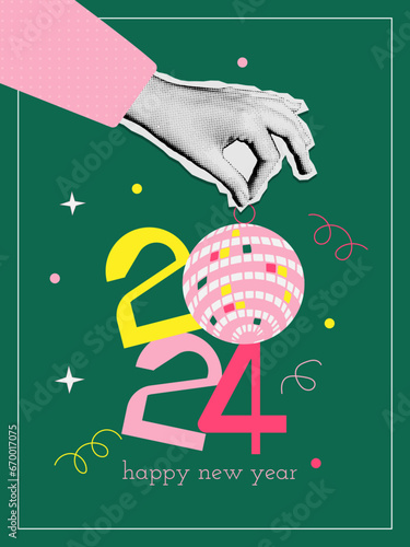 Happy New Year 2024 collage in trendy groovy collage style. Halftone hand holding number 2024 with mirror ball. Retro New Year banner for decoration card, poster, party. Vector illustration.