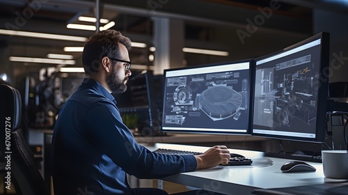 CAD design session, medium shot of an engineer deeply engrossed in computer-aided design, the screen's digital blueprints mirroring real-world creation. photo