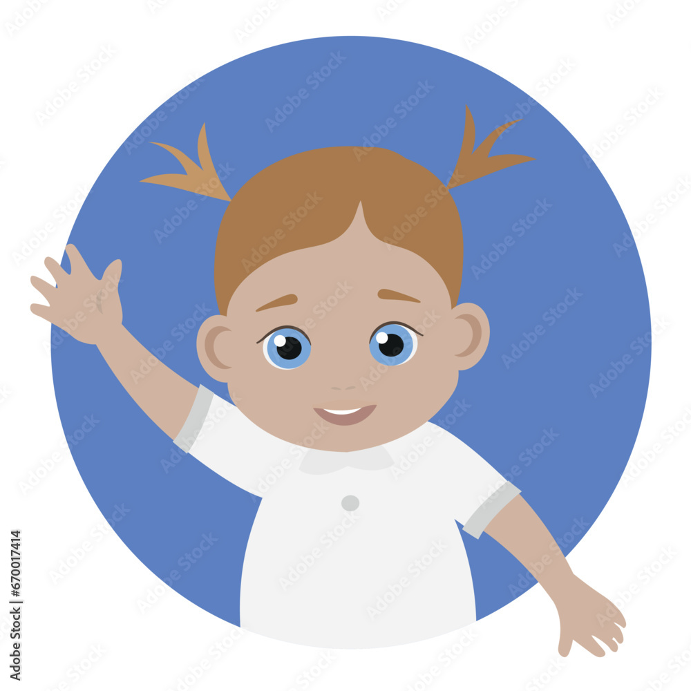 Baby girl avatar. Fair hair, blue eyes Girl is looking from the window, circle. Vector flat illustration. Cartoon people design. Suitable for animation, using in web, apps, books, education projects, Baby girl avatar. Fair hair, blue eyes Girl is looking from the window, circle. Vector flat illustration. Cartoon people design. Suitable for animation, using in web, apps, books, education projects,