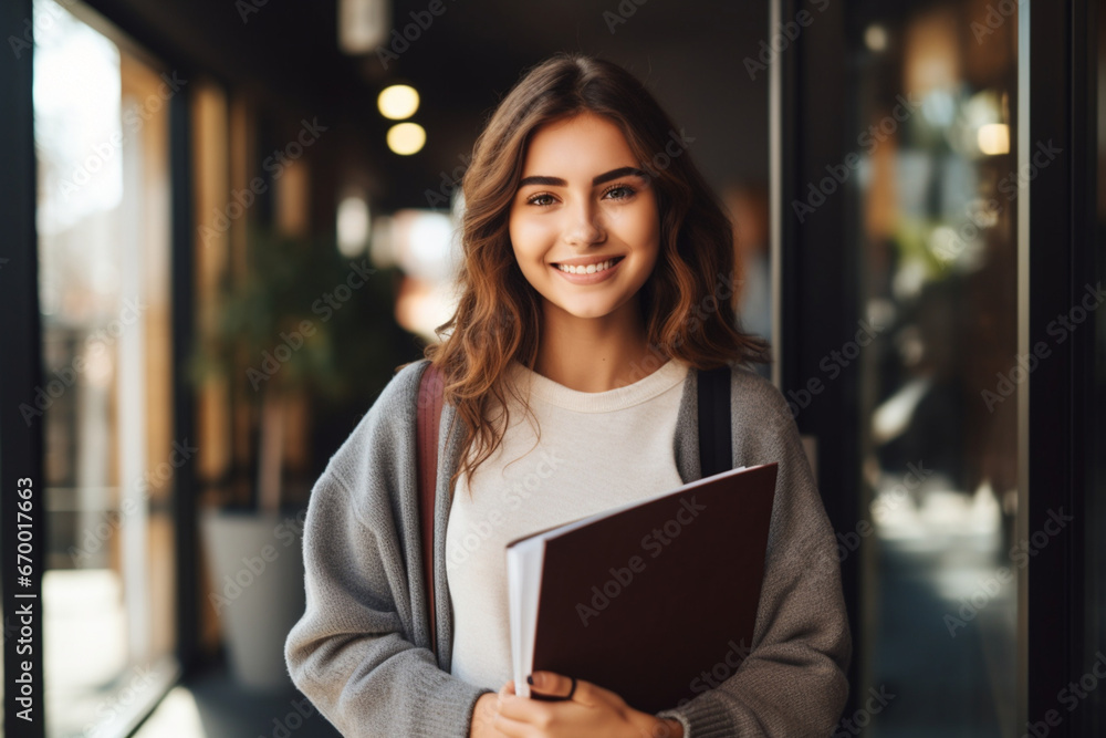 Happy female student looking at the camera smiling and holding a notebook - education concepts - obrazy, fototapety, plakaty 