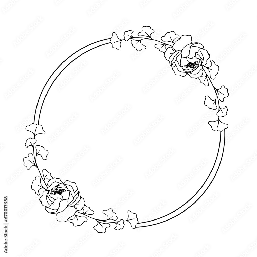 Round frame with linear botanical elements, flowers. Vector graphics.