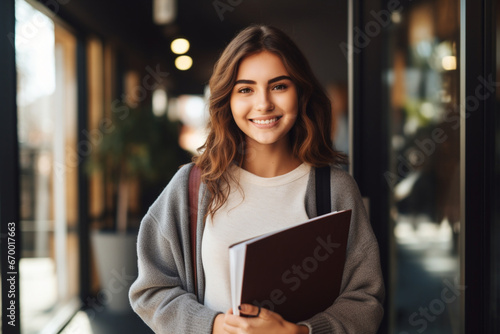 Happy female student looking at the camera smiling and holding a notebook - education concepts