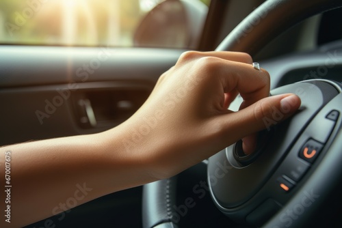 Woman listening radio while driving at city street. Cd station listen auto panel. Generate Ai