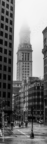 Black and white photo of Custom House, Boston in a raining day