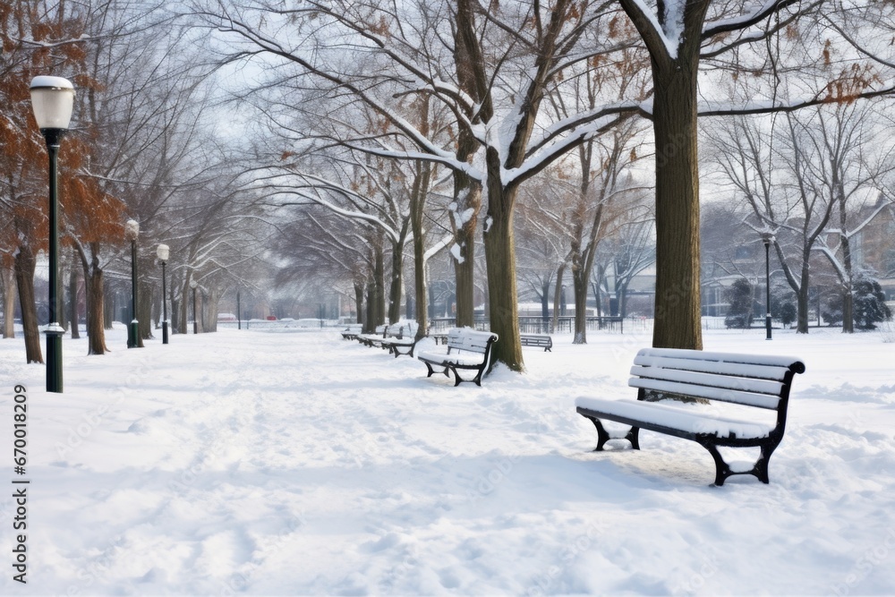 a snowy city park with empty benches