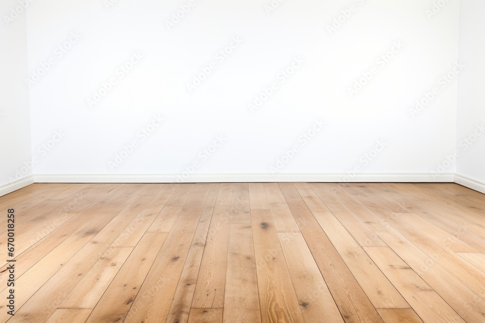 view of a wooden floor extending onto a seamless white backdrop view of a wooden floor extending onto a seamless white backdrop