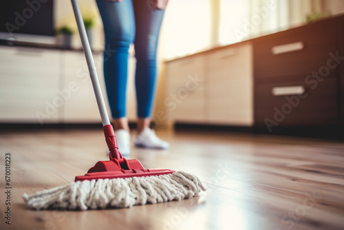 Housekeeping, cleaning and woman maid with a mop to clean the living room floor at a house, Female domestic worker, cleaner and housewife washing the ground for bacteria, dust or dirt in her home photo