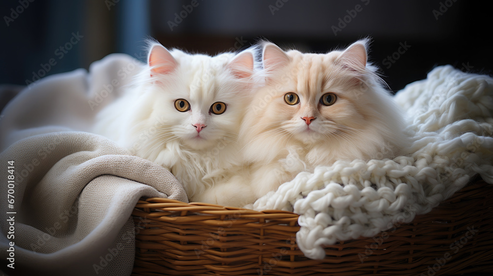 two cute fluffy long-haired white cats on a knitted blanket in a wicker basket, kittens, pets, domestic, postcard, wallpaper, animal, care, eyes, whiskers, wool, comfort, home, portrait, feline