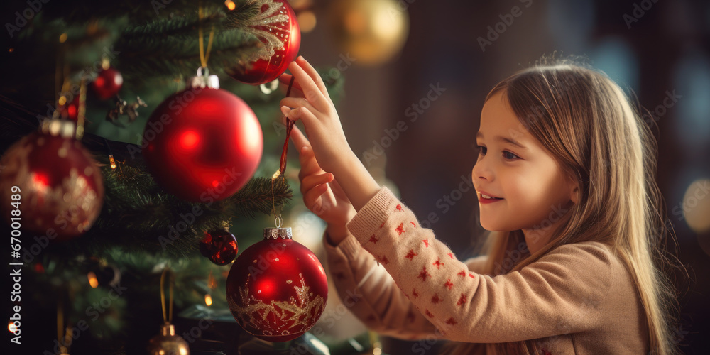 Delighted child placing decorations on a festive Christmas tree. Delighted child placing decorations on a festive Christmas tree.