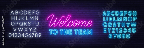 Welcome to the team  neon sign on brick wall background.