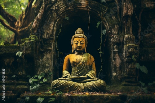 Ancient Buddha Statue Beneath a Majestic Tree © Cyprien Fonseca