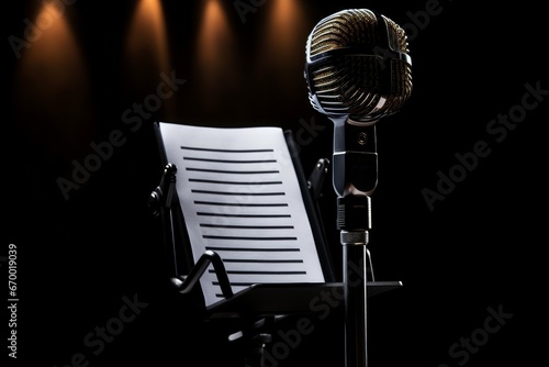 Scene tag microphone and clipboard on black lights. Party star speech media. Generate Ai