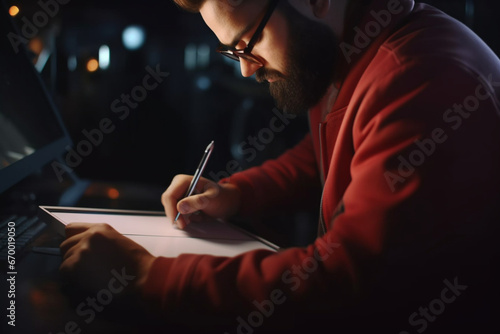 male designer using stylus to draw sketch on tablet while working on design project in dark office at night