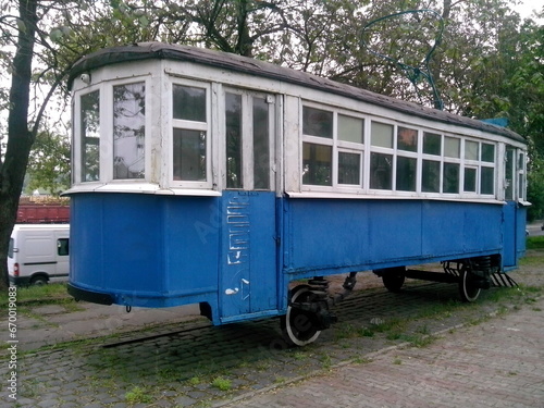 Old abandoned tram car in the city