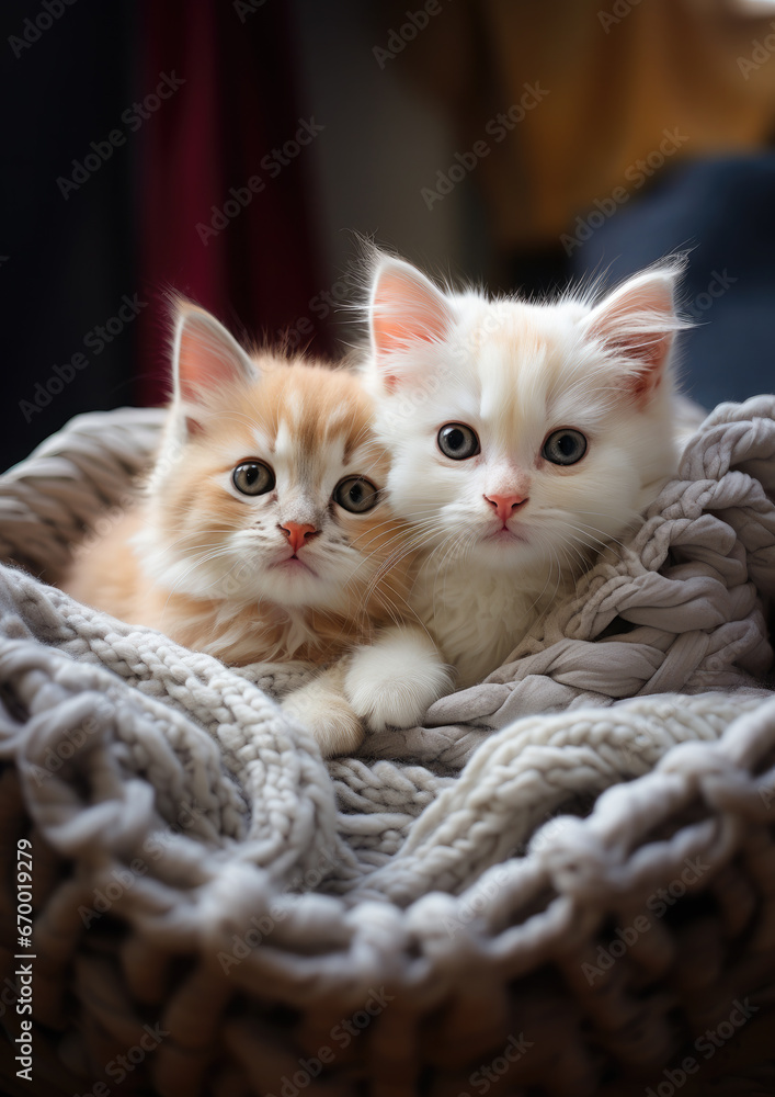 Obraz premium cute fluffy long-haired cats on a knitted blanket in a wicker basket, kittens, pets, domestic, postcard, wallpaper, animal, care, eyes, whiskers, wool, comfort, home, portrait, feline