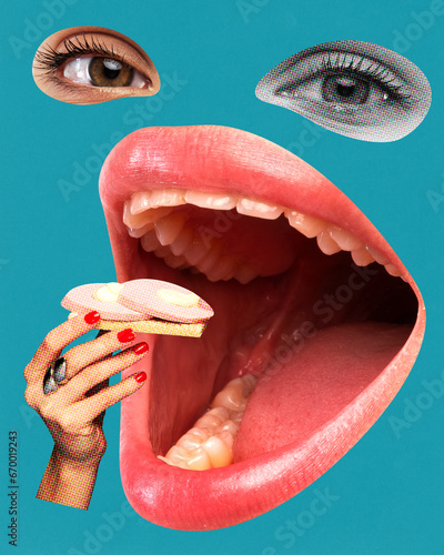 Fast breakfast. Woman with giant open mouth eating sandwich with sausage over blue background. Contemporary art collage. Concept of food, taste, surrealism, creativity. Pop art style. Poster, ad