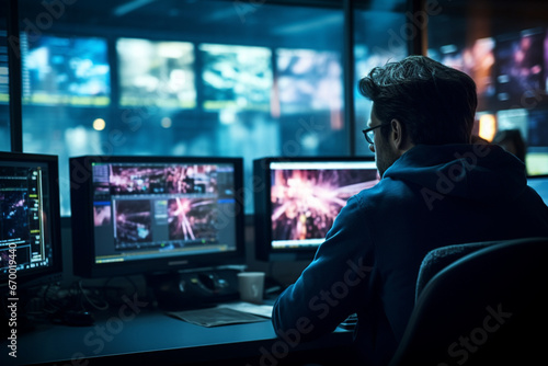 Man working in surveillance room and looking at monitors photo